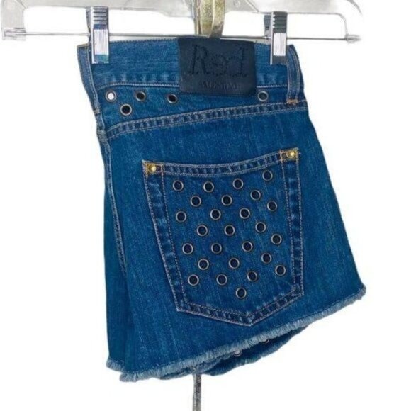 Red Valentino Mini Denim Shorts Five-Pocket Perforated Metal Grommets Sz 28 NWOT - Picture 4 of 7